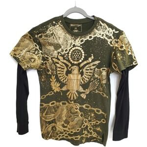 Switch Remarkable Shirt Mens Medium Green Gold Eagle Graphic Layered Long Sleeve